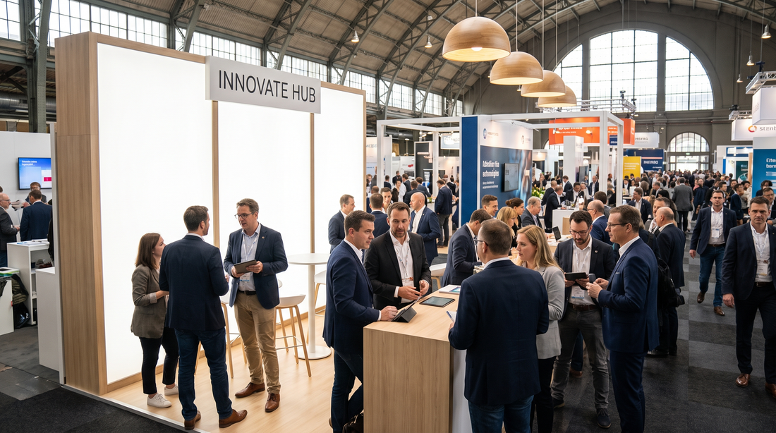 Busy trade show floor with modern exhibition booths and attendees networking