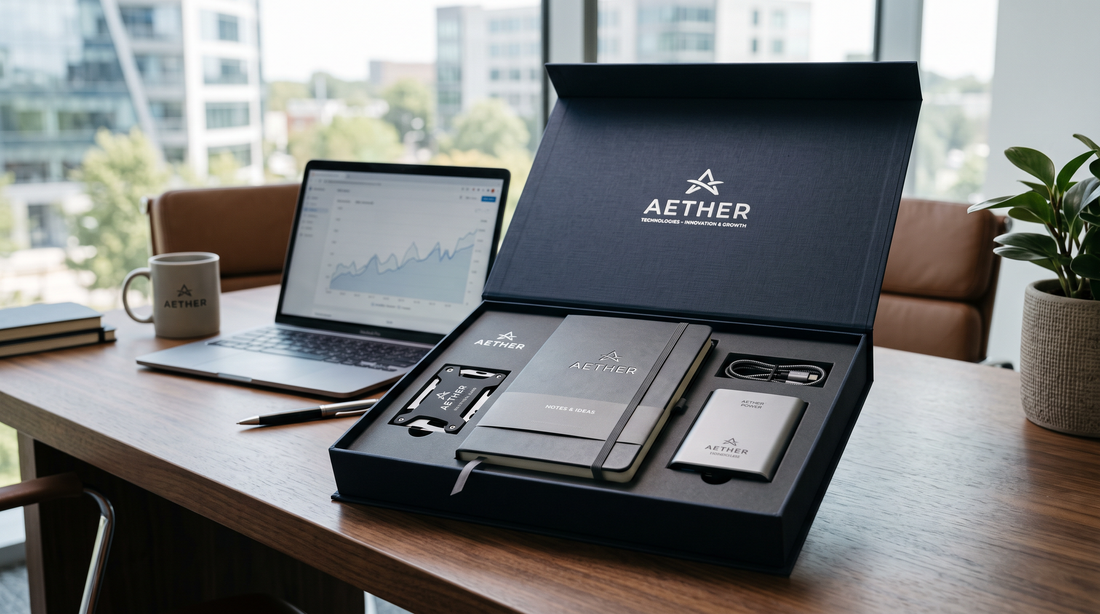 Corporate gift box with branded tools and accessories on an office desk