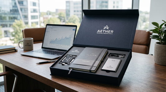 Corporate gift box with branded tools and accessories on an office desk