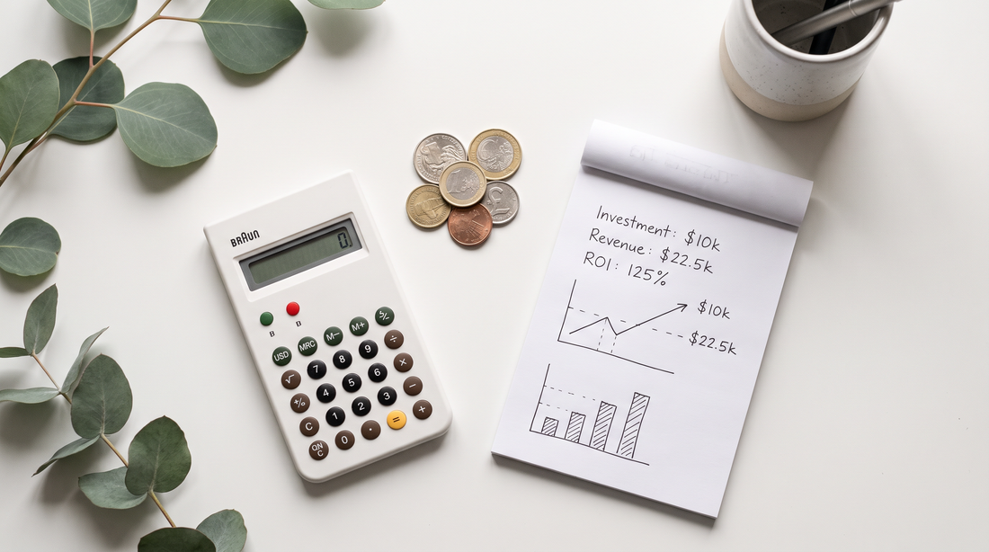 ROI calculation concept with calculator and notepad on a clean desk