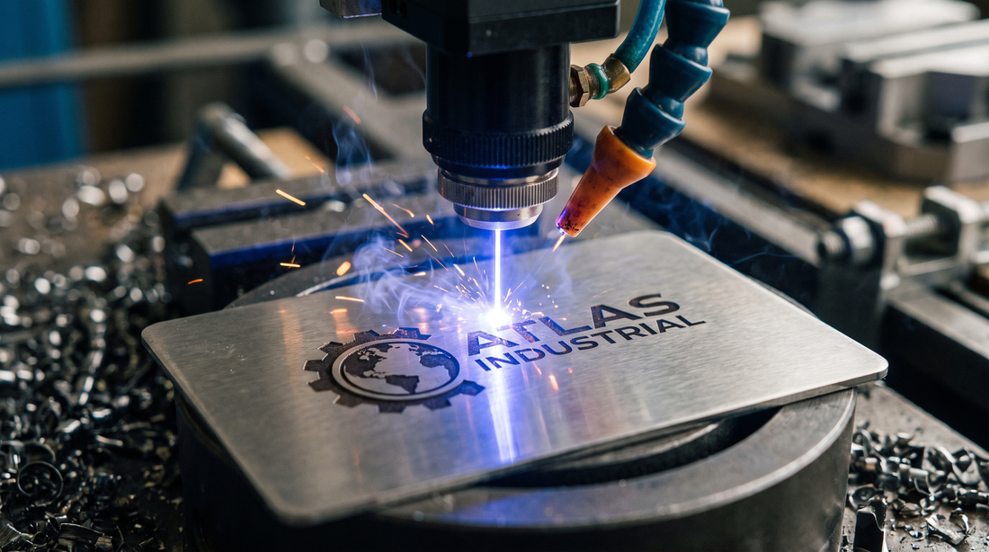 Laser engraving machine etching a custom logo onto a stainless steel multi-tool card