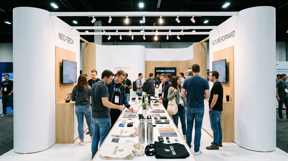Tech conference booth with attendees examining promotional products
