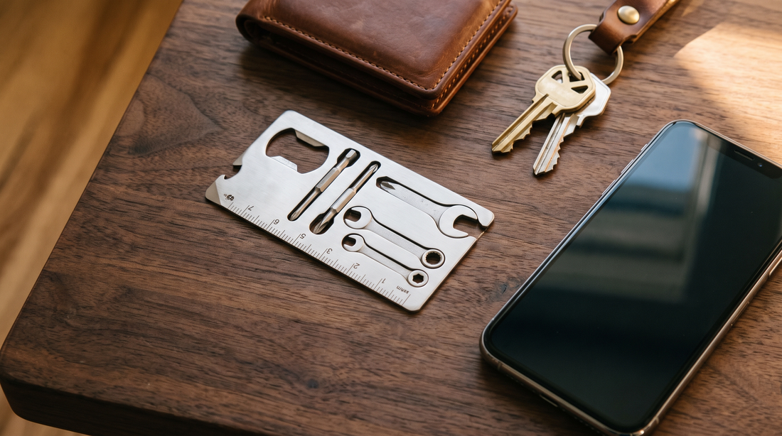 Custom multi-tool card next to wallet and everyday carry items