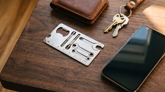 Custom multi-tool card next to wallet and everyday carry items