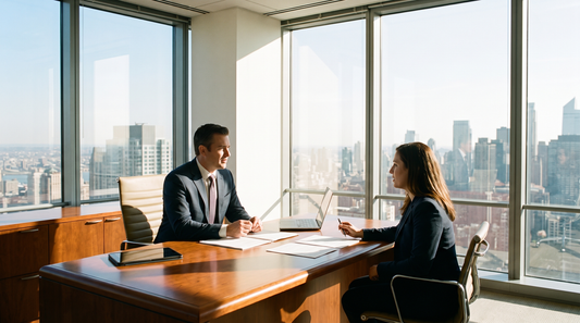 Financial advisor meeting with client in a professional office setting
