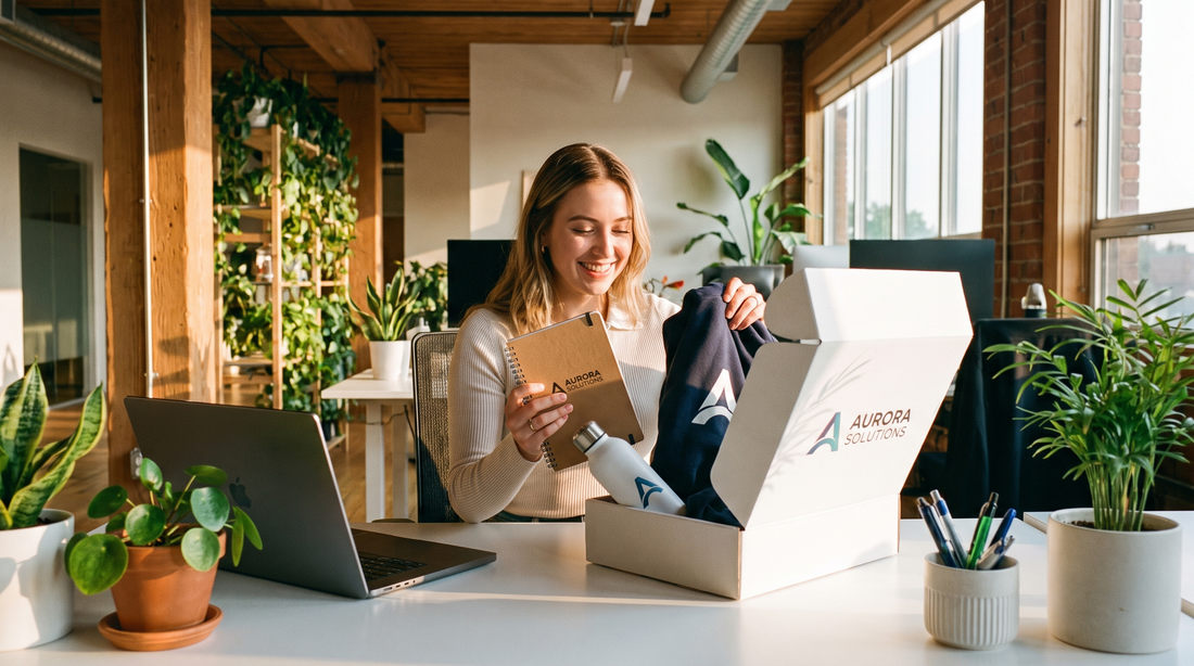New employee opening a branded onboarding welcome kit at their desk