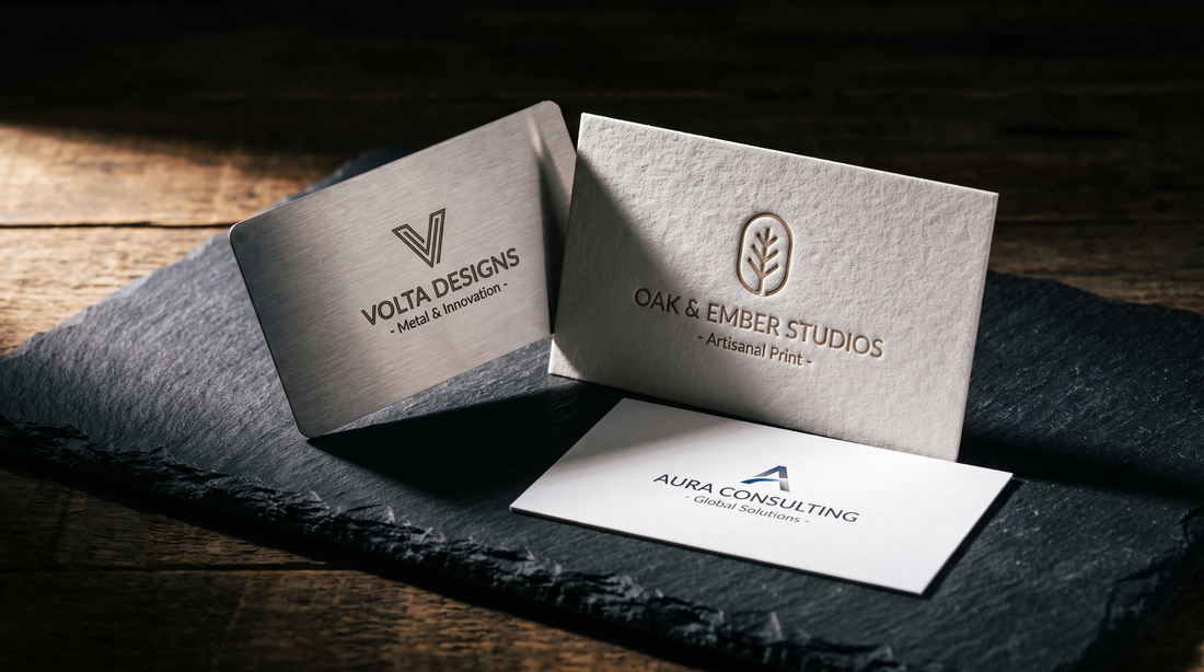 Different types of unique business cards including metal and textured designs