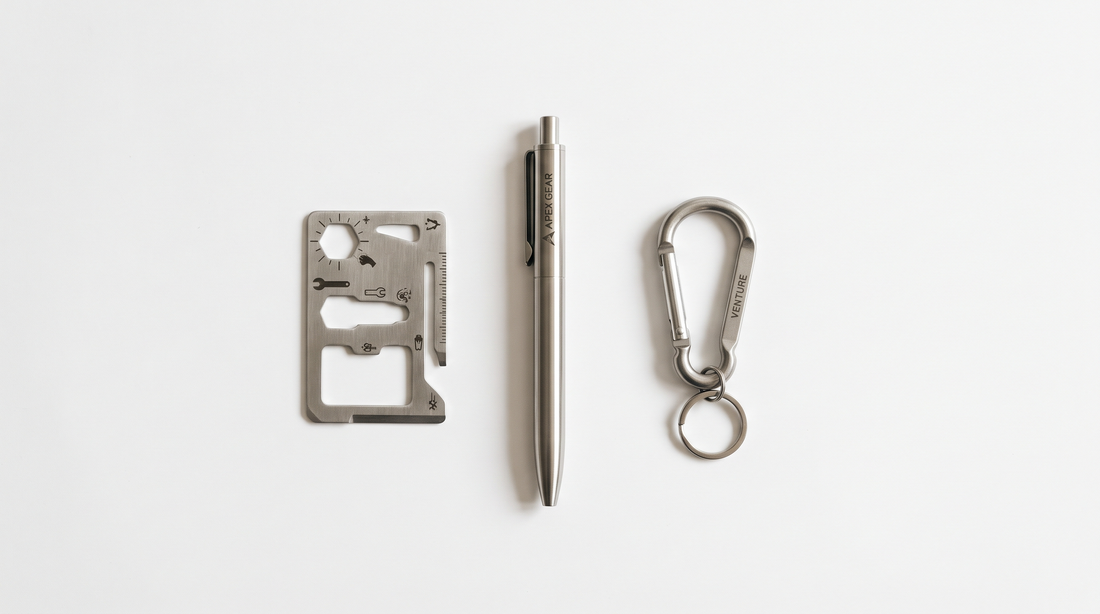 Multi-tool card, branded pen, and keychain side by side comparison