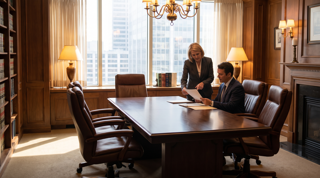 Law firm conference room with attorney reviewing documents with a client