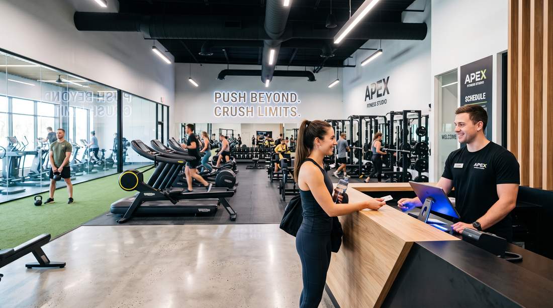 Modern fitness studio with member checking in at the front desk
