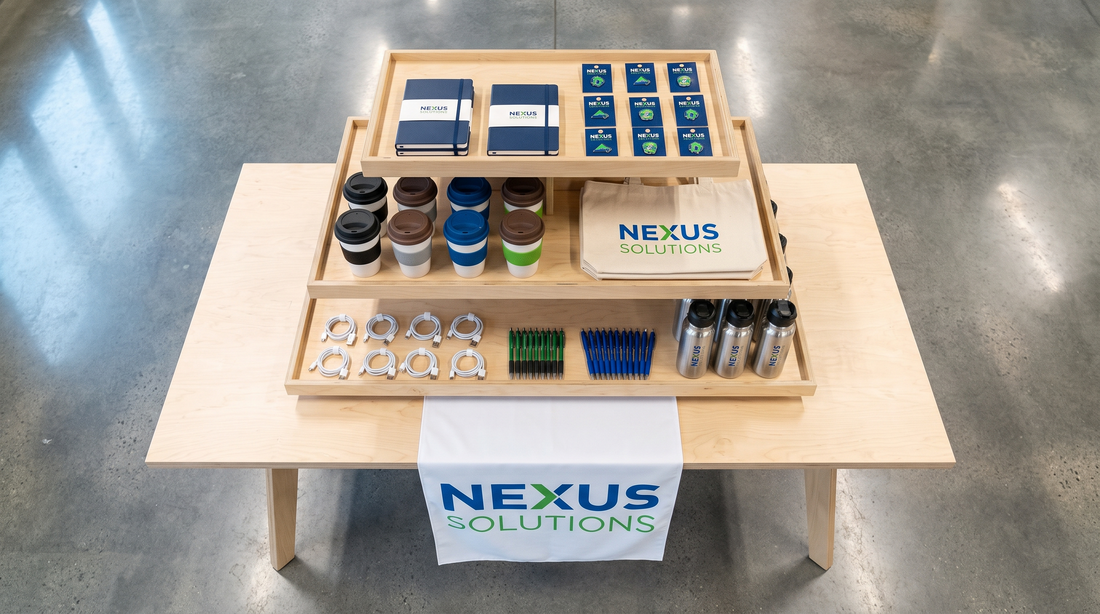 Trade show booth table with tiered display of organized promotional giveaways