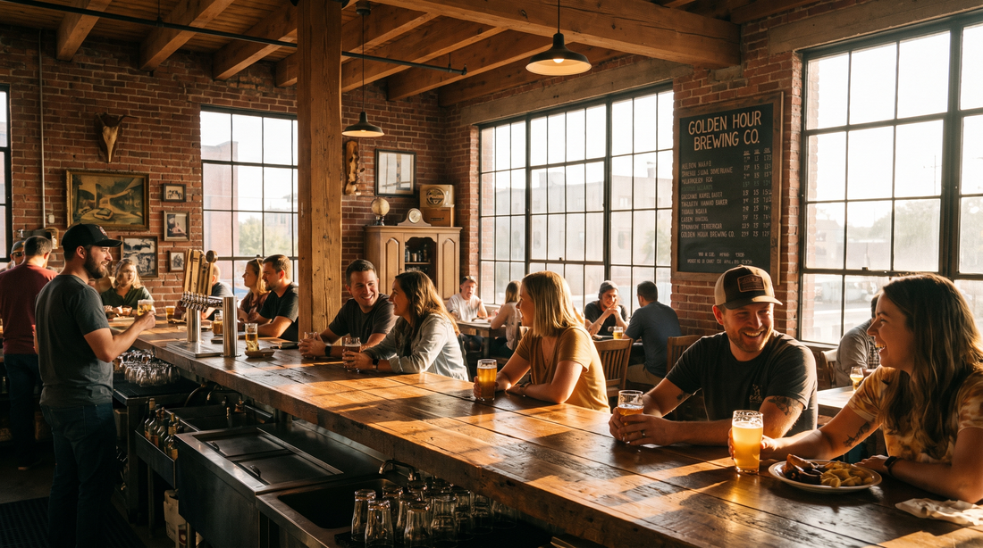 Craft brewery taproom with warm atmosphere and patrons at the bar