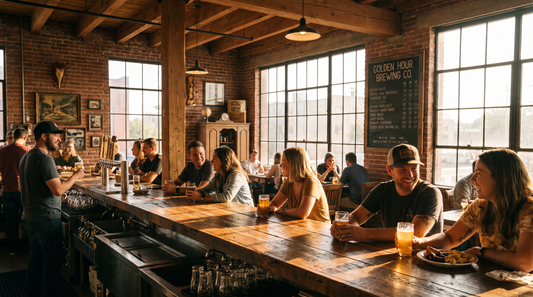 Craft brewery taproom with warm atmosphere and patrons at the bar
