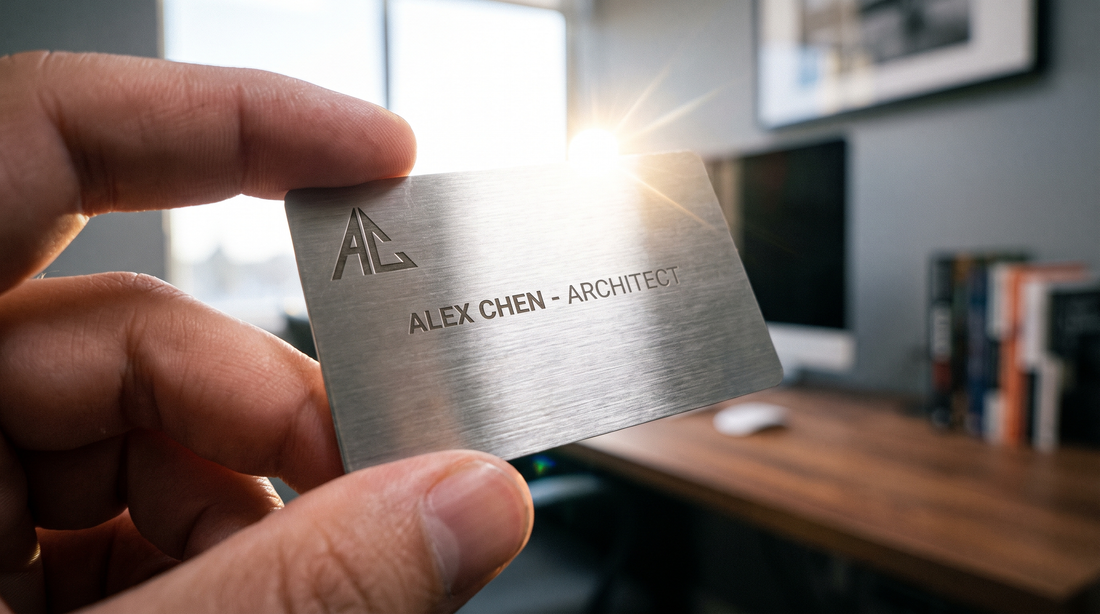 Brushed stainless steel metal business card held in hand
