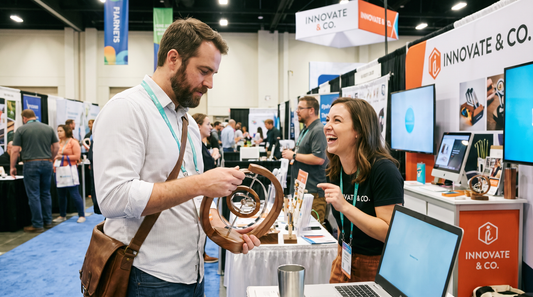 Trade show attendee examining a creative giveaway item at an exhibitor booth