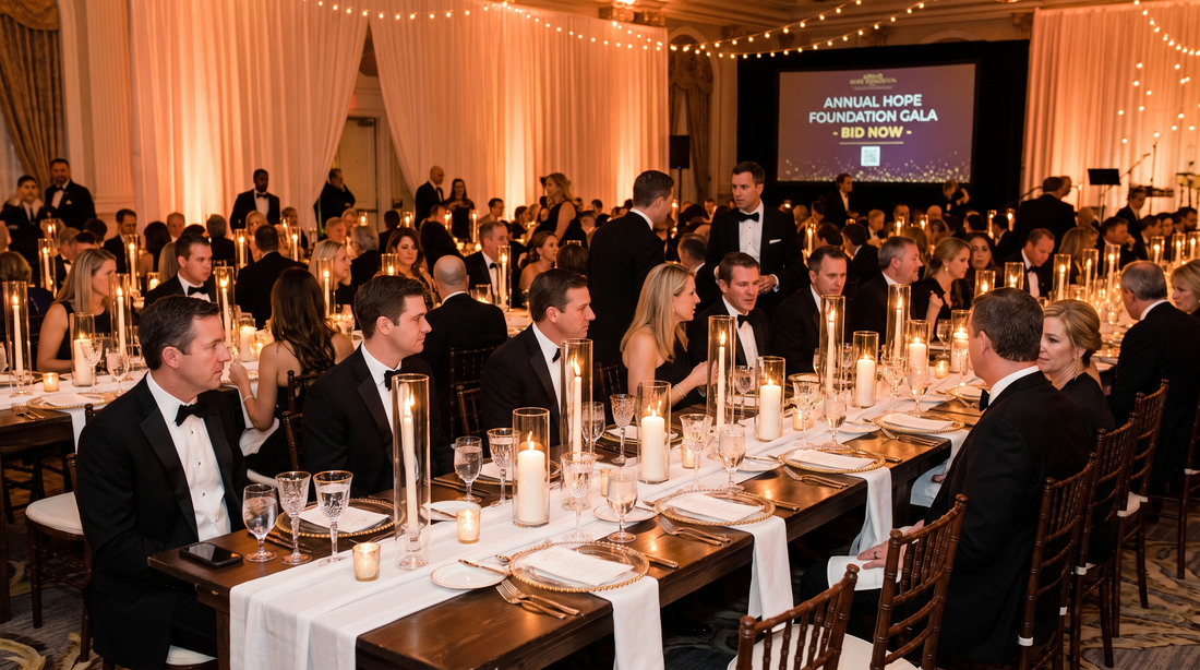 Charity fundraising gala dinner with elegant table settings and guests