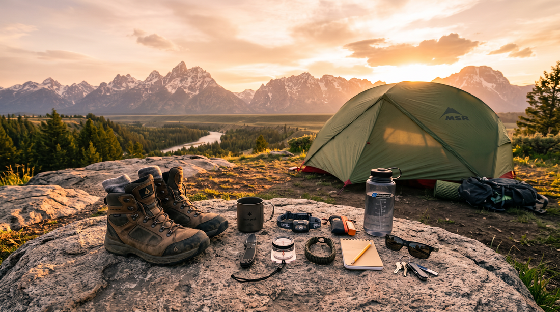 Outdoor camping scene with hiking gear and everyday carry items at golden hour