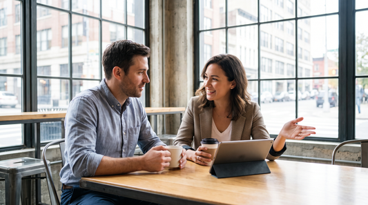Two professionals having a referral conversation over coffee
