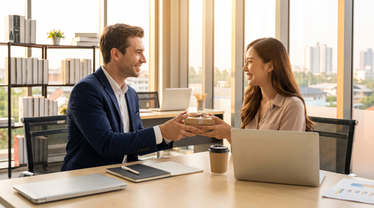 Professional presenting a closing gift to a satisfied client