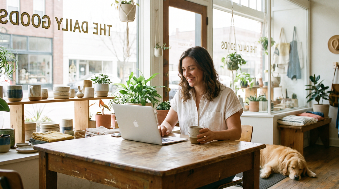 Small business owner working on marketing at a laptop in a bright workspace