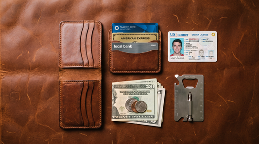 Everyday carry wallet contents with credit cards, cash, and stainless steel multi-tool card