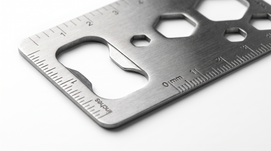 Close-up of stainless steel multi-tool card showing bottle opener, wrenches, and ruler markings