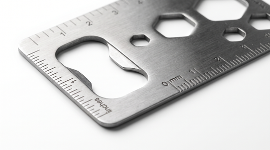 Close-up of stainless steel multi-tool card showing bottle opener, wrenches, and ruler markings