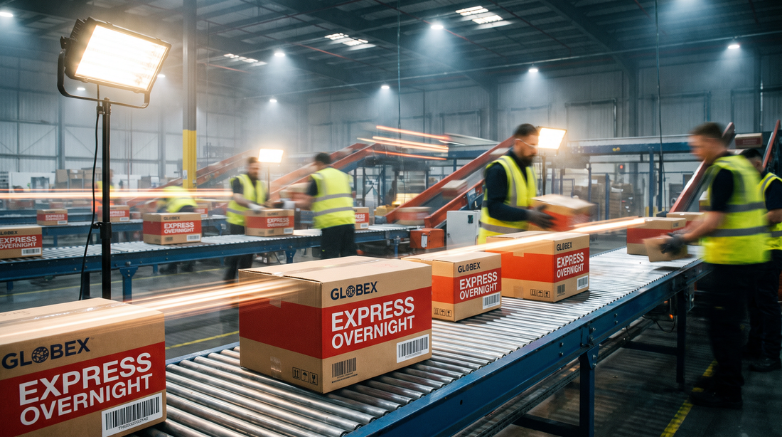 Rush shipping warehouse with express delivery packages on conveyor belt