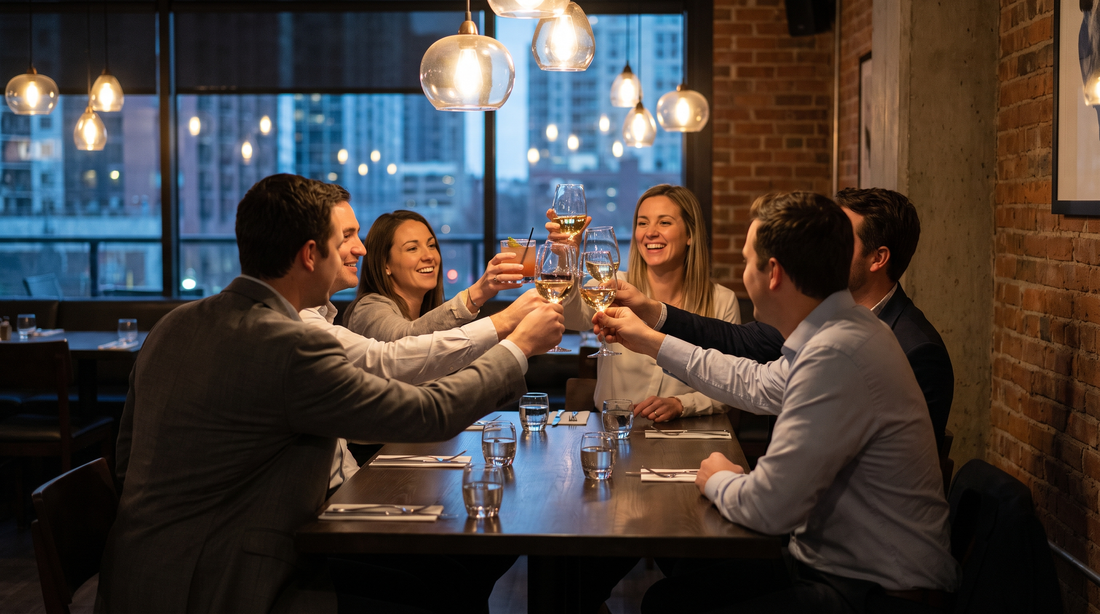 Colleagues toasting at a year-end appreciation dinner