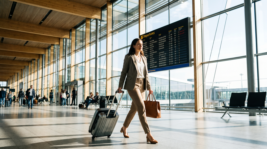 Business traveler walking through modern airport terminal with carry-on luggage