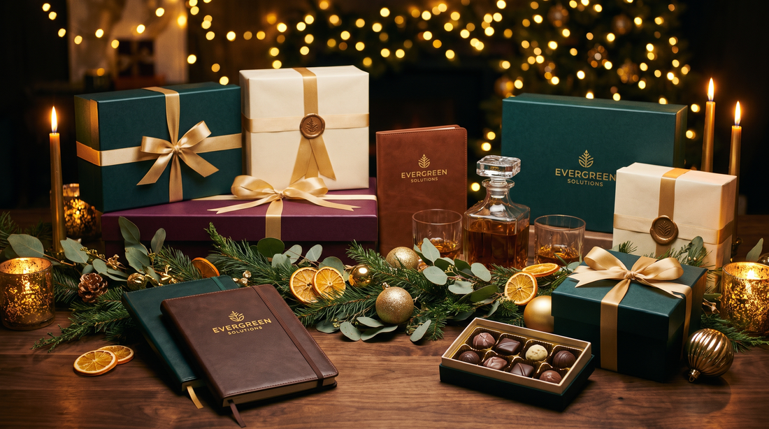 Holiday corporate gift display with wrapped boxes and festive decorations