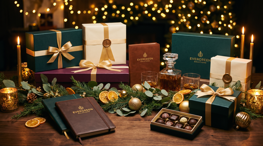 Holiday corporate gift display with wrapped boxes and festive decorations