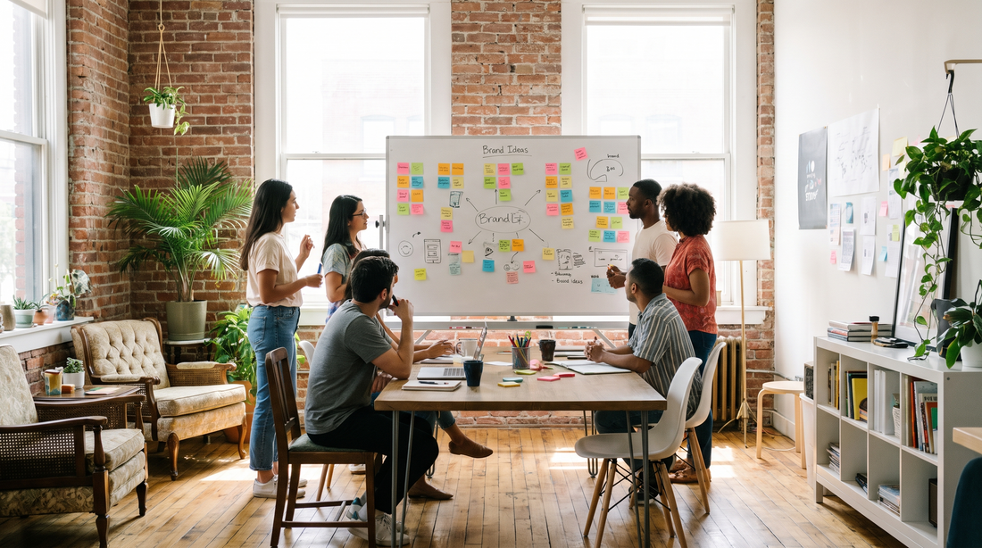 Marketing agency team brainstorming with colorful sticky notes in modern office