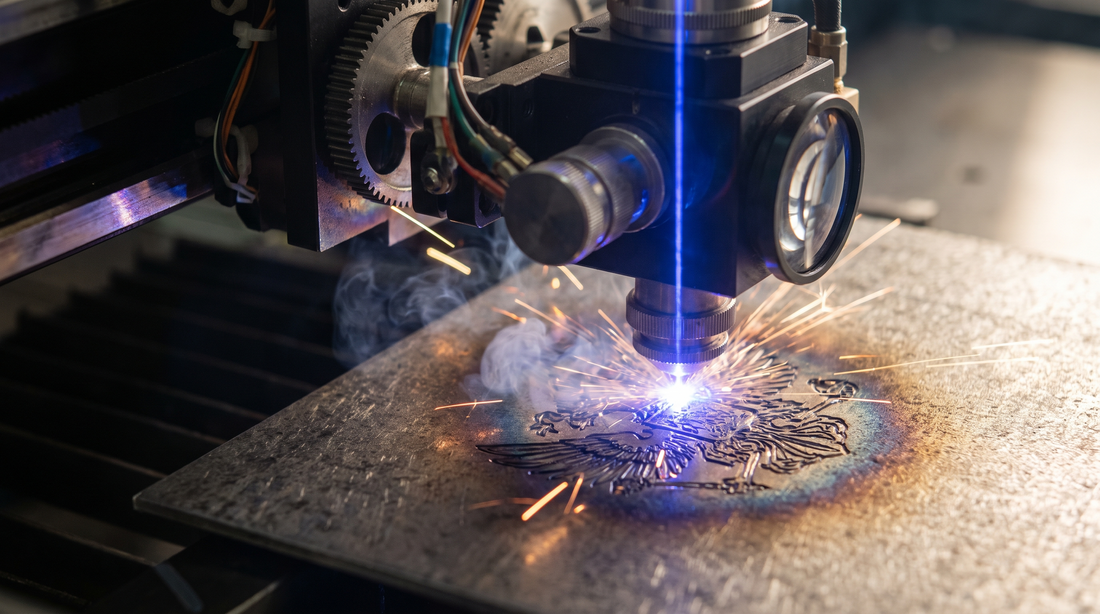 Close-up of laser engraving process on metal surface with blue laser beam