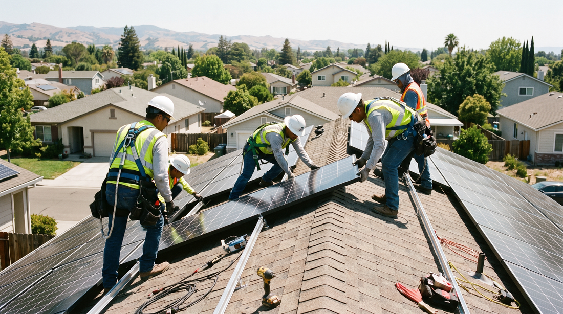 Solar panel installation crew working on residential rooftop