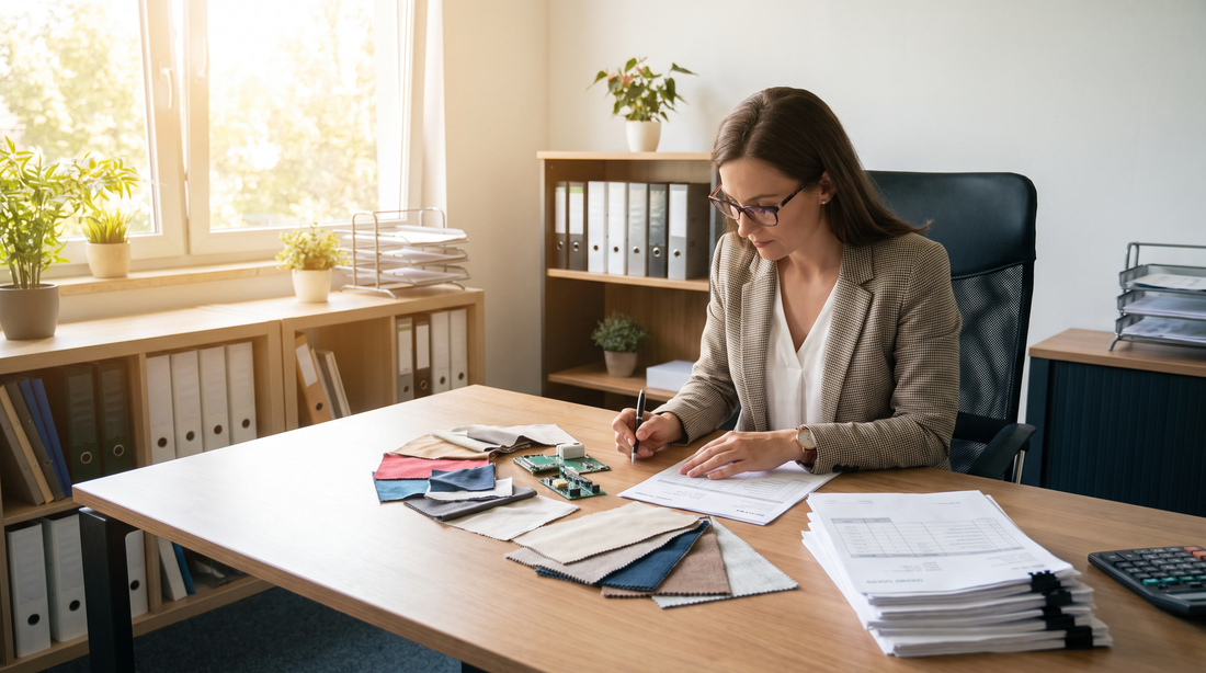 Purchasing manager reviewing product samples and bulk order forms at desk