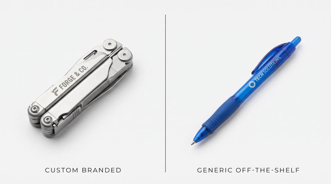 Custom branded stainless steel tool compared to generic promotional pen