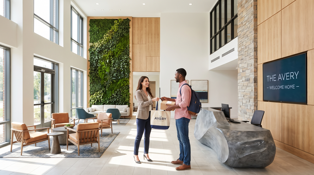 Leasing agent handing welcome package to new tenant in apartment lobby