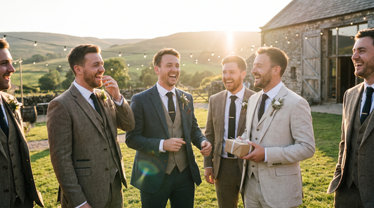 Groomsmen standing together in suits at a wedding venue laughing