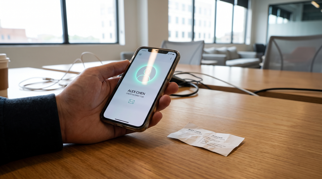 Person holding smartphone with digital contact card next to crumpled paper business card