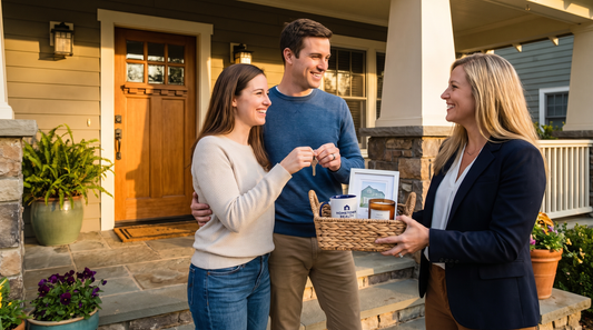 Real estate agent presenting a welcome gift to new homeowners at their front door
