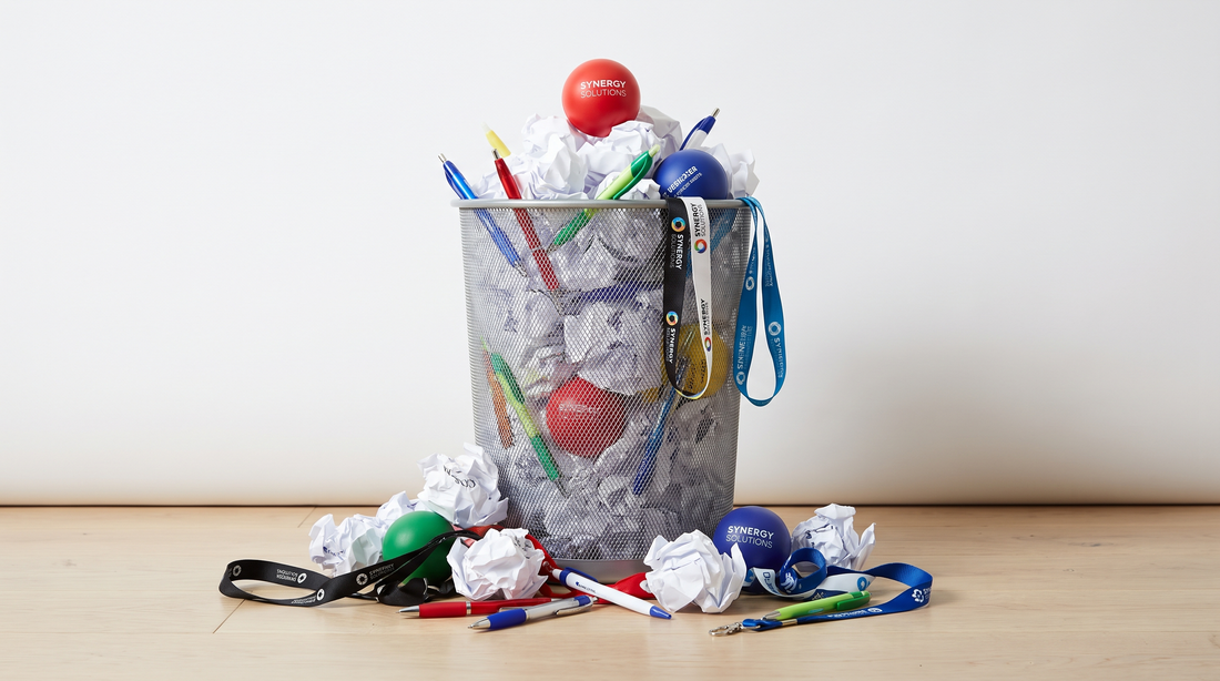 Office trash can filled with discarded promotional pens, stress balls, and cheap branded items