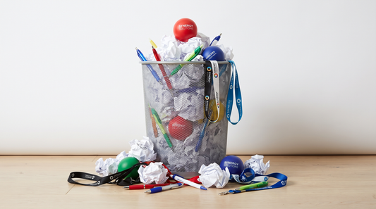 Office trash can filled with discarded promotional pens, stress balls, and cheap branded items
