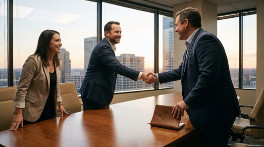 Sales professional leaving a branded item on a conference table after a meeting