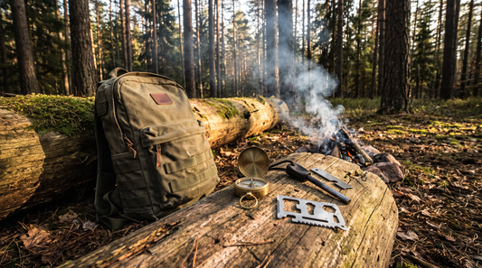 Outdoor survival scene with gear and stainless steel tool card on forest log
