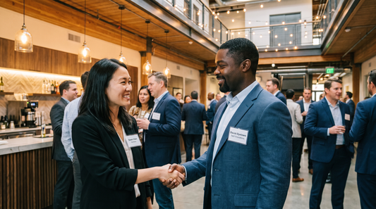 Two professionals shaking hands at a business networking event