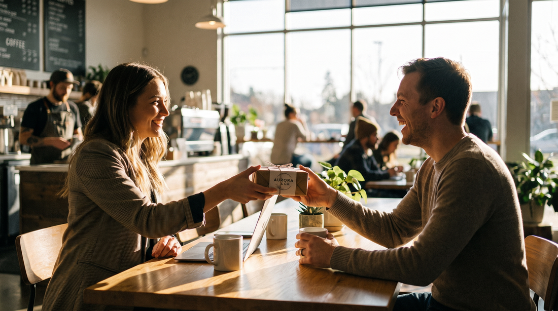 Professional presenting a branded gift to a client at a coffee shop