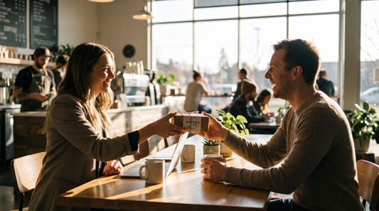 Professional presenting a branded gift to a client at a coffee shop