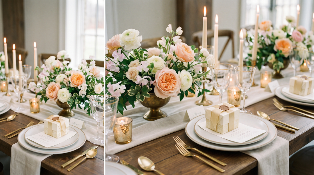 Wedding reception table with favor boxes at each place setting