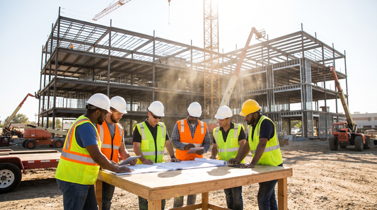 Construction workers reviewing plans on a commercial building site